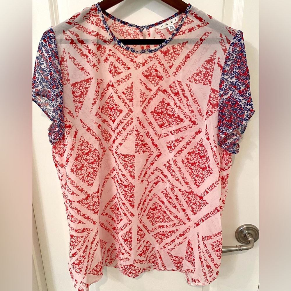 Cabi Red, White, and Blue Geometric Print Women's Sheer Top Size XL